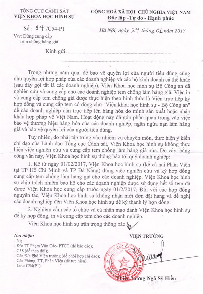 Công văn Bộ Công an dừng sản xuất tem chống hàng giả